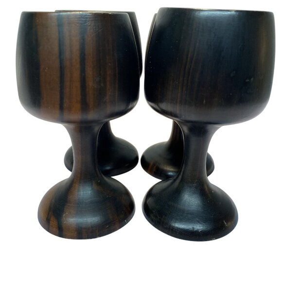 Vintage Set of 4 Dark Wooden Stemmed Wine Goblets Hand turned Mid-Century Modern - Picture 4 of 16